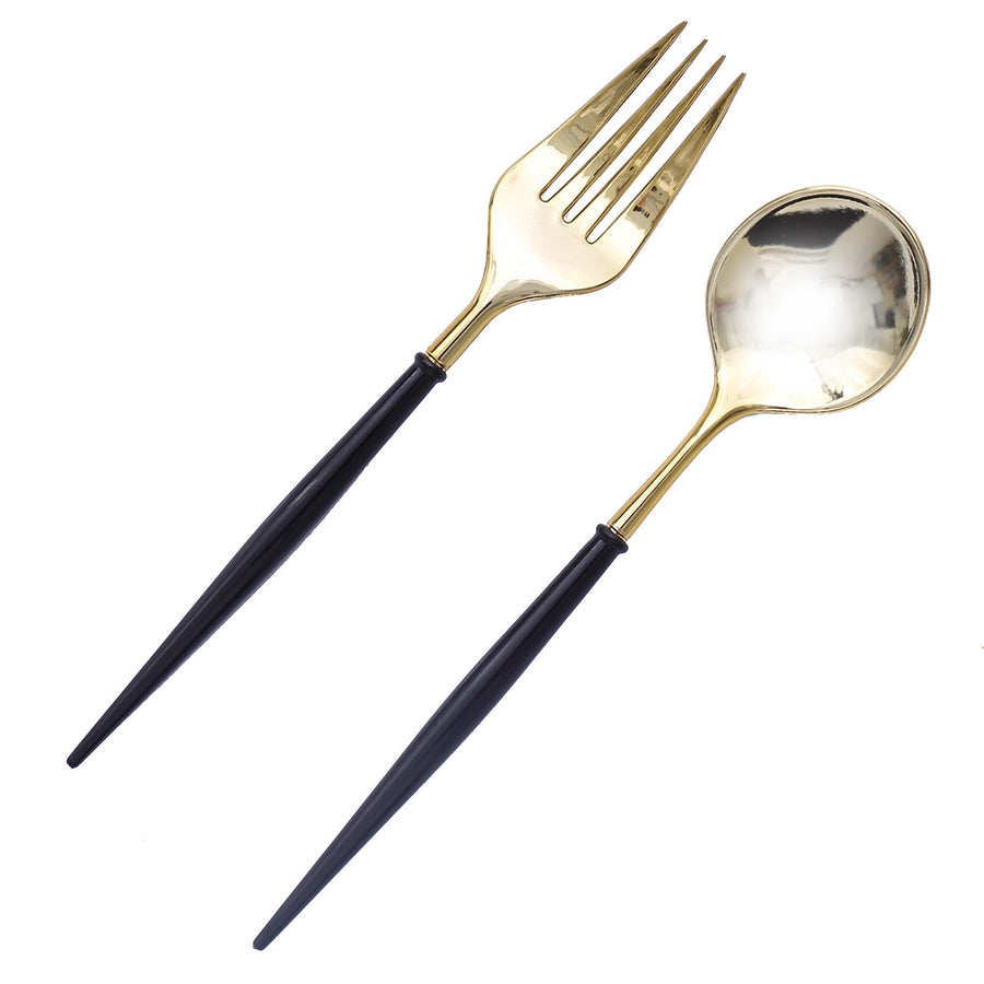 24 Pack | 6inch Gold / Black Premium Disposable Fork / Spoon Silverware Set#whtbkgd