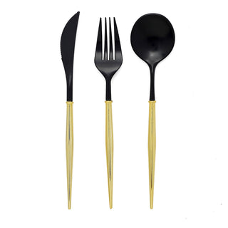 Add Elegance to Any Event with the 24 Pack | 8" Black With Gold Handle Silverware Set