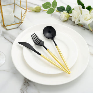 Make a Statement with the 24 Pack | 8" Black With Gold Handle Silverware Set