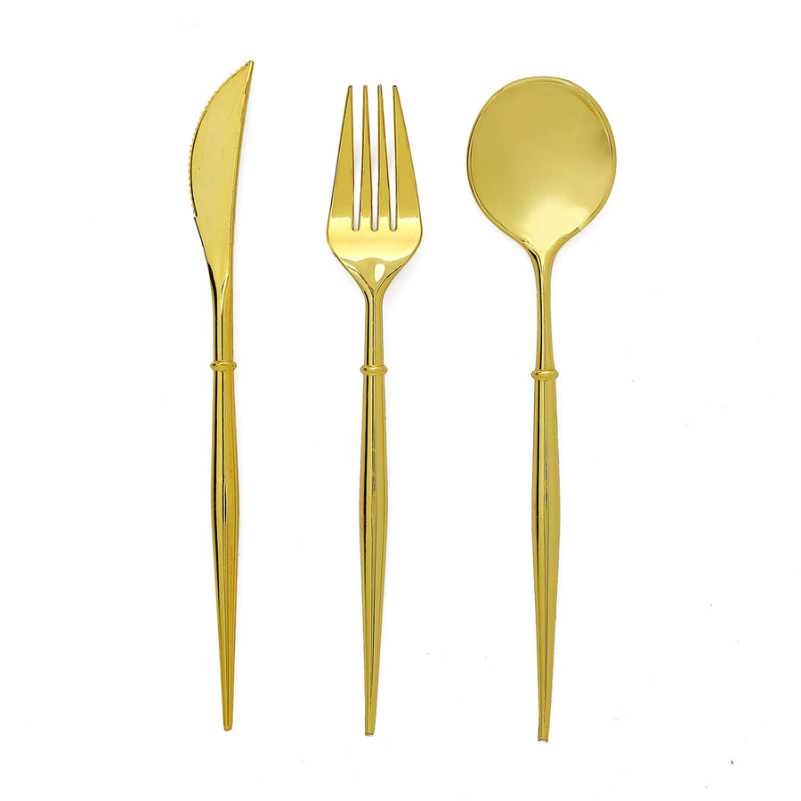 24 Pack | Gold 8inch Modern Plastic Silverware Set Heavy Duty Flatware, Disposable Cutlery
