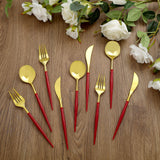 24 Pack | Gold 8inch Modern Flatware Set, Heavy Duty Plastic Silverware With Red Handles