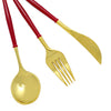 24 Pack | Gold 8inch Modern Flatware Set, Heavy Duty Plastic Silverware With Red Handles#whtbkgd