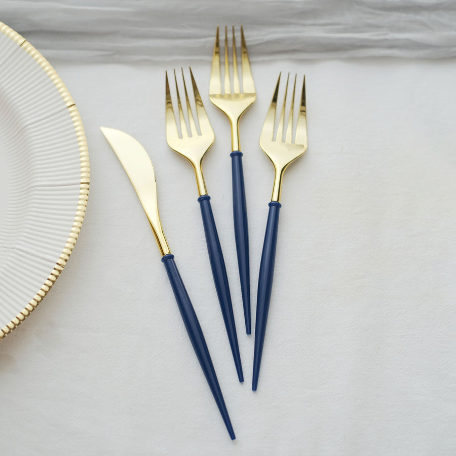 24 Pack | Metallic Gold Modern Silverware Set, Premium Plastic Cutlery Set With Royal Blue Handle