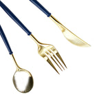Metallic Gold Modern Silverware Set, Premium Plastic Cutlery Set With Royal Blue Handle#whtbkgd