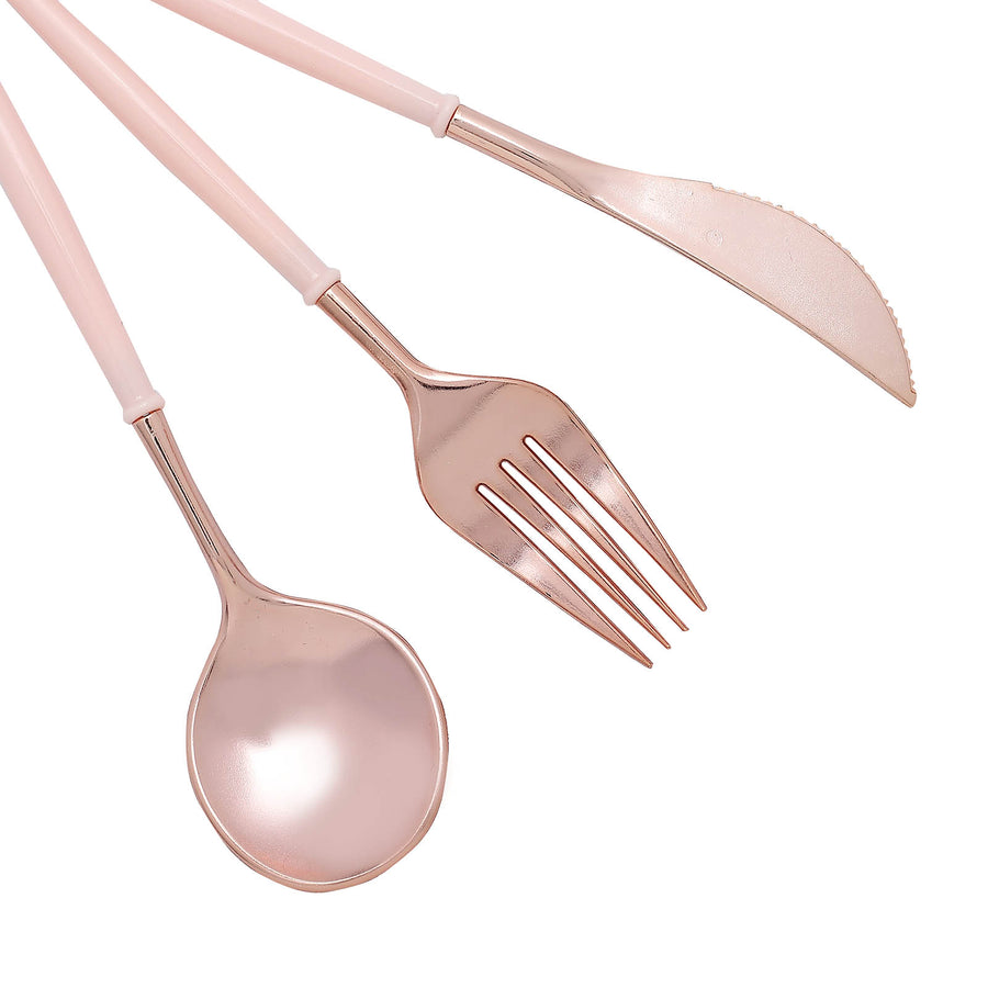 Rose Gold 8inch Modern Flatware Set, Heavy Duty Plastic Silverware With Blush Handles#whtbkgd