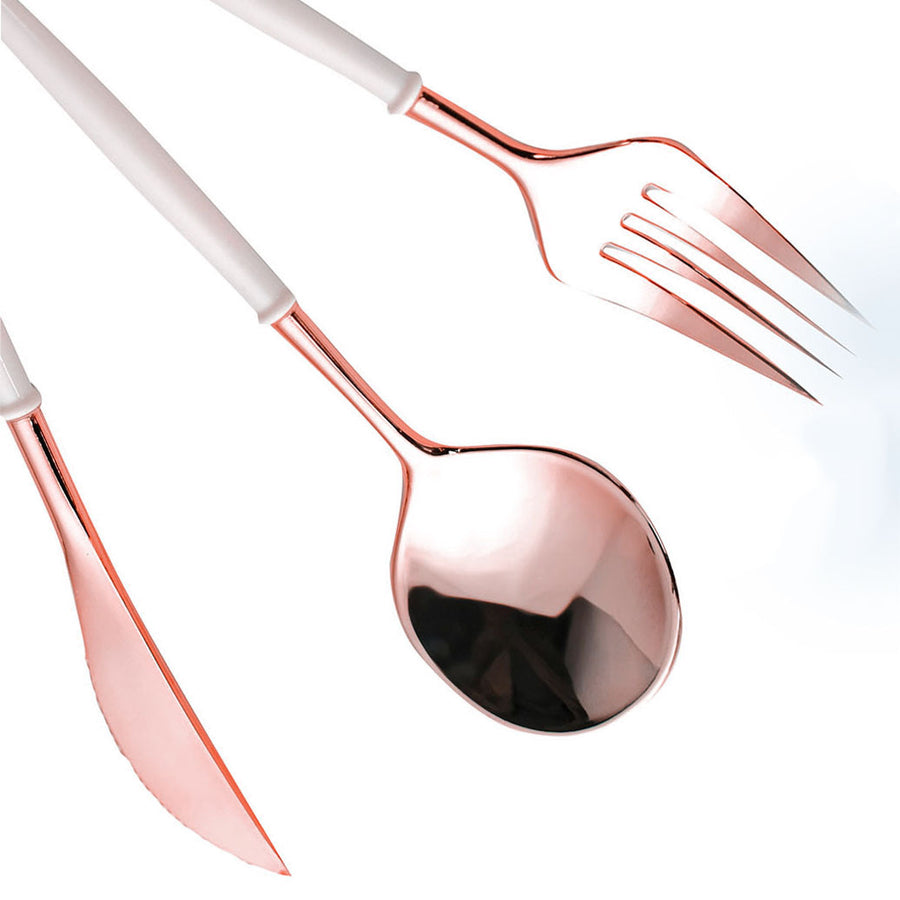 Rose Gold Modern Silverware Set, Premium Plastic Cutlery Set With Ivory Handle - 8Inch#whtbkgd