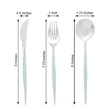 24 Pack | Silver 8Inch Modern Flatware Set, Heavy Duty Plastic Silverware With Baby Blue Handle