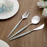 24 Pack | Silver 8Inch Modern Flatware Set, Heavy Duty Plastic Silverware With Baby Blue Handle