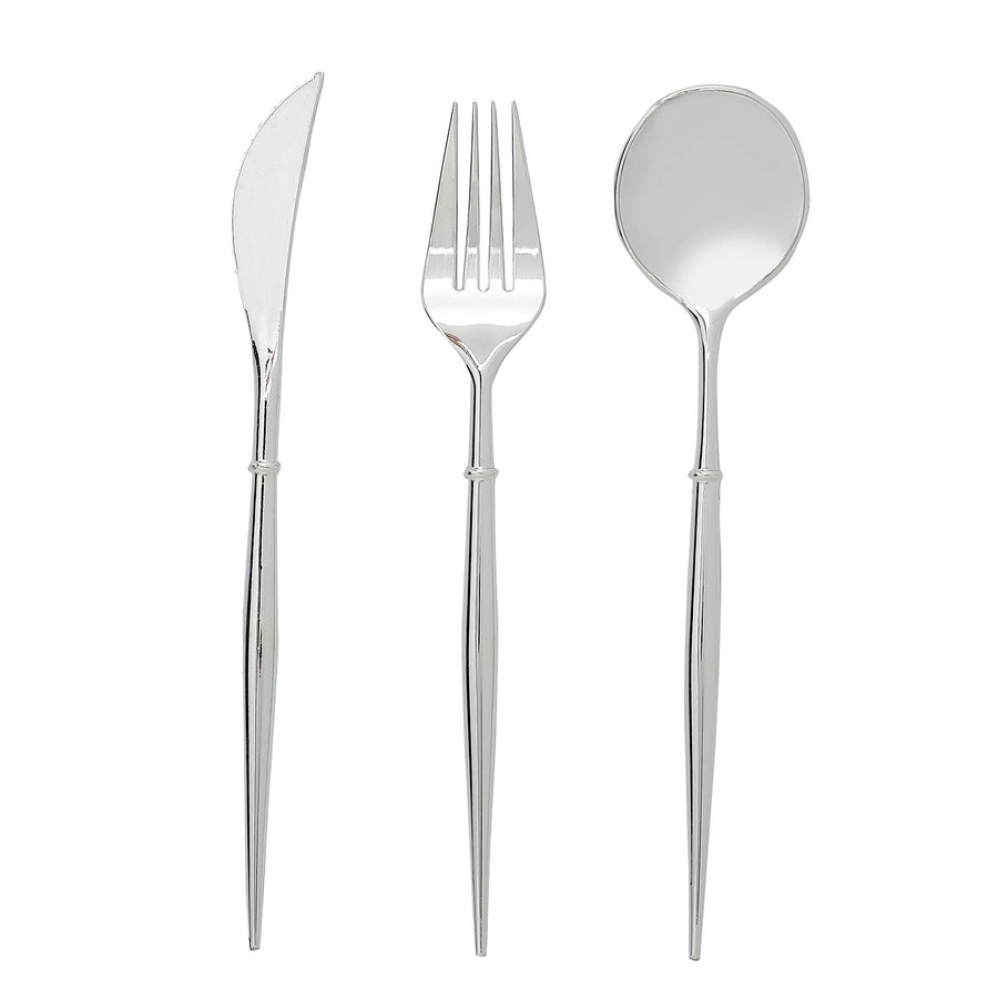 24 Pack | Silver 8inch Modern Flatware Set, Heavy Duty Plastic Silverware, Disposable Cutlery