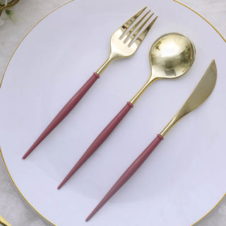 Create a Stunning Tablescape with the 24 Pack | 8" Metallic Gold With Cinnamon Rose Disposable Silverware Set