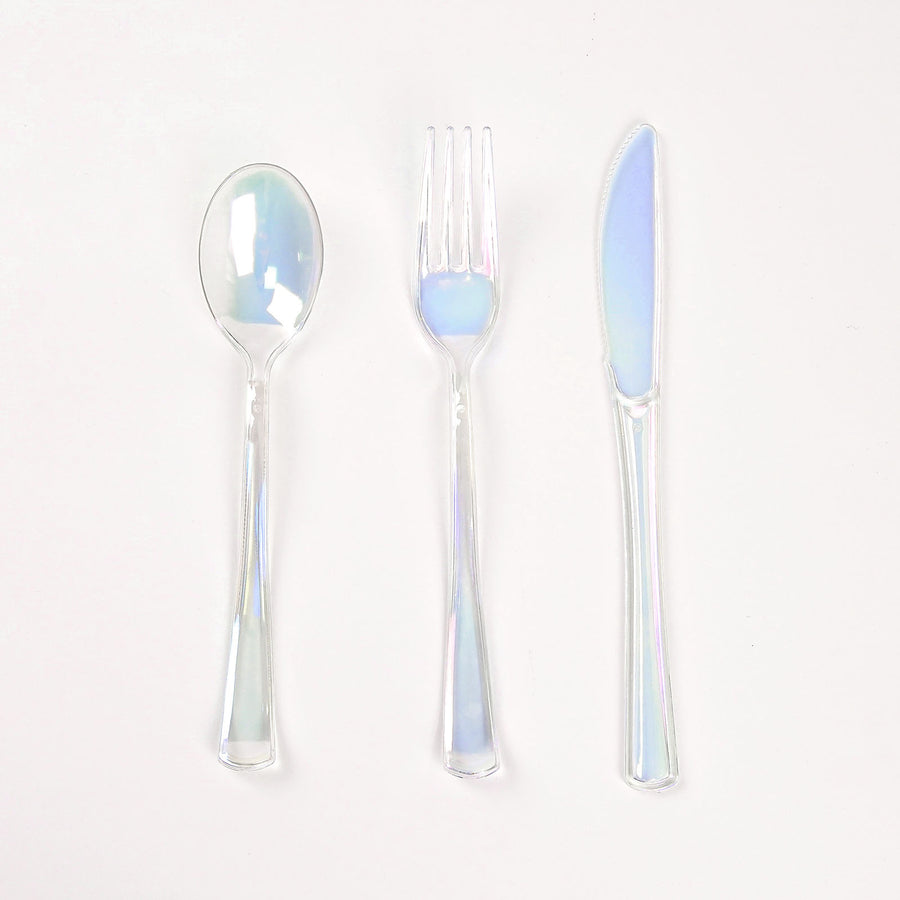 24 Pack | Iridescent Disposable Cutlery Set, Plastic Party Silverware#whtbkgd