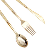 Gold Sparkly Modern Plastic Silverware Set, Heavy Duty Disposable Knife, Fork & Spoon Set#whtbkgd