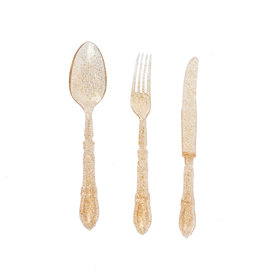 24 Pack | Clear Gold Glittered Heavy Duty Plastic Silverware Set, Disposable Utensils#whtbkgd