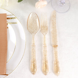 Add Elegance to Your Table with Clear Gold Glittered Heavy Duty Plastic Silverware Set