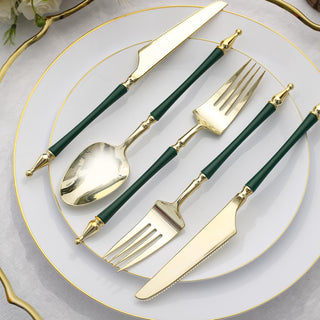 High-Quality Gold and Hunter Emerald Green Disposable Flatware