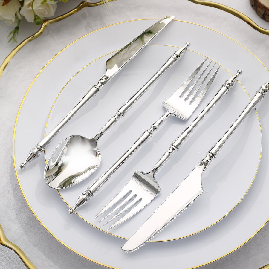 24 Pack | Silver European Style Plastic Silverware Set with Roman Column Handle, Disposable