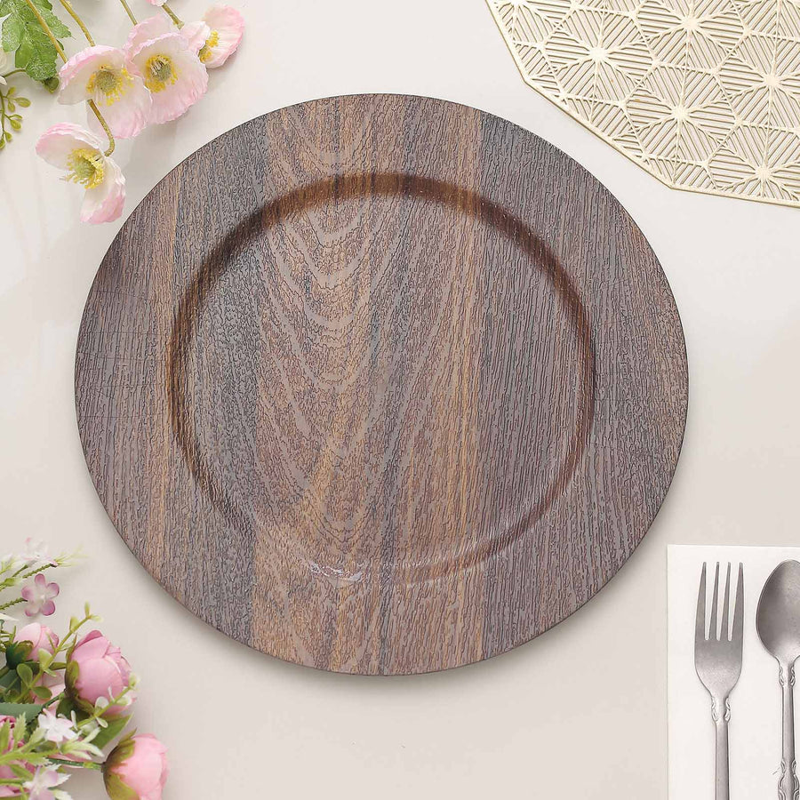 6 Pack | 13inch Dark Brown Rustic Faux Wood Plastic Charger Plates