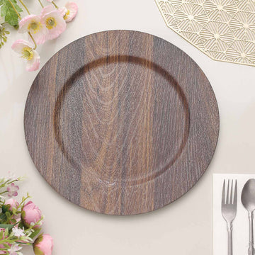 6 Pack | 13" Dark Brown Rustic Faux Wood Plastic Charger Plates, Round Boho Chic Wedding Party Service Plates