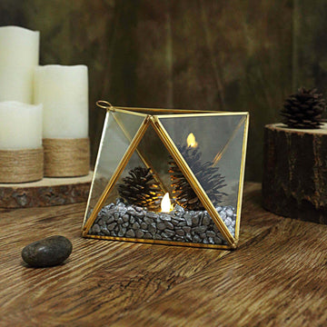 9" Diamond Prism Hanging Gold Metal Geometric Glass Terrarium, Multipurpose Air Plants Holder