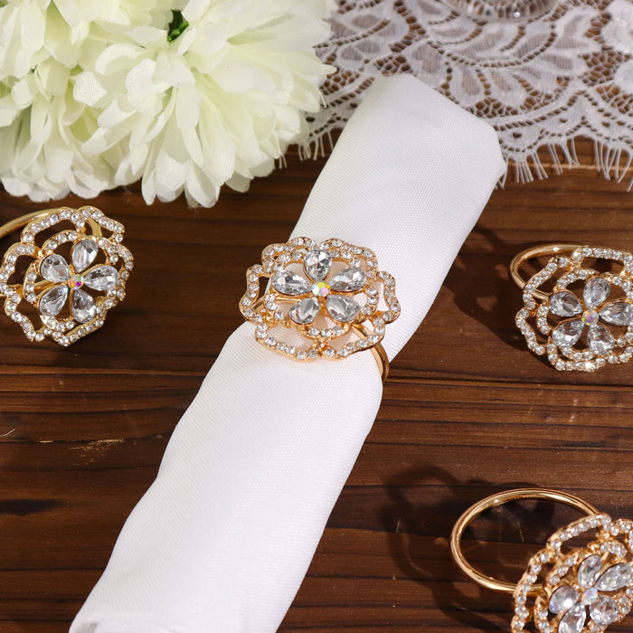 4 Pack | Diamond Rhinestone Gold Metal Rose Flower Napkin Rings