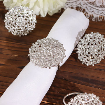 4 Pack | Diamond Rhinestone Silver Metal Flower Napkin Rings, Decorative Napkin Buckle Holders