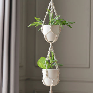 2-Tier Double Ivory Macrame Indoor Hanging Planter Basket Cotton Rope - Stylish and Functional Home Decor
