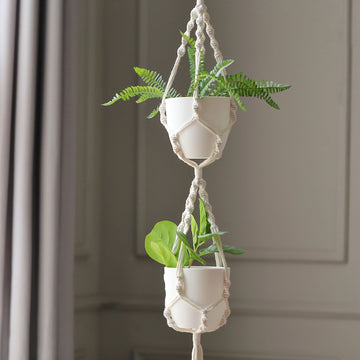 2-Tier Double Ivory Macrame Indoor Hanging Planter Basket Cotton Rope, Dual Decorative Flower Pot Holder With Tassel, Boho Chic Home Decor