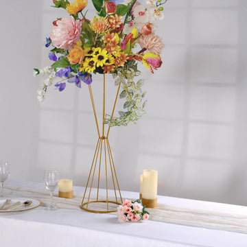 27" Dual Cone Reversible Gold Metal Geometric Flower Stand, Wedding Vase Pedestal, Column Centerpiece