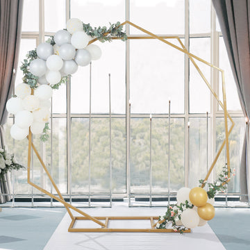 8ft Dual Geometric Shaped Gold Metal Hexagon and Heptagon Backdrop Stand, Metal Wedding Arch