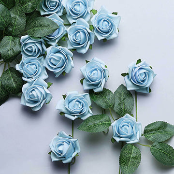 24 Roses | 2" Dusty Blue Artificial Foam Flowers With Stem Wire and Leaves