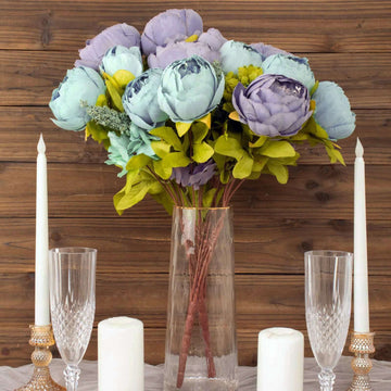 2 Pack 19" Dusty Blue Artificial Peony Flower Wedding Bouquets, Faux Silk Flower Arrangements