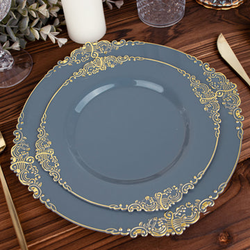 10 Pack 8" Dusty Blue Plastic Salad Plates With Gold Leaf Embossed Baroque Rim, Round Disposable Appetizer Dessert Plates