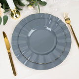 10 Pack | 9inch Dusty Blue Heavy Duty Disposable Dinner Plates with Gold Ruffled Rim, Hard Plastic