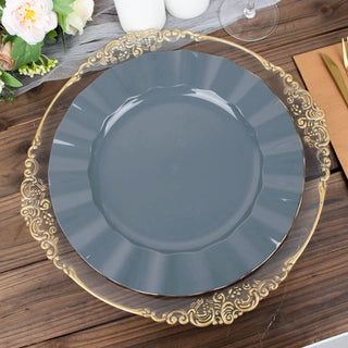Elegant Dusty Blue Disposable Dinner Plates with Gold Ruffled Rim