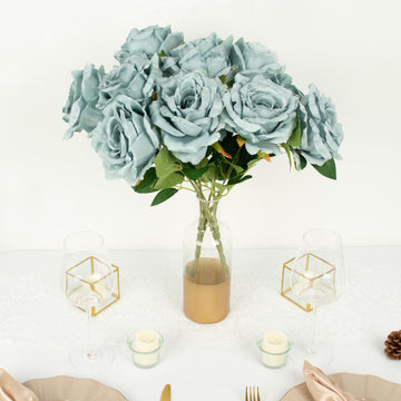 2 Bushes | 17" Dusty Blue Premium Silk Jumbo Rose Flower Bouquet, High Quality Artificial Wedding Floral Arrangements