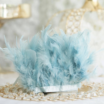 39" Dusty Blue Real Turkey Feather Fringe Trim With Satin Ribbon Tape