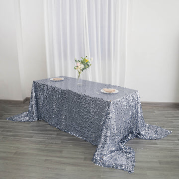 90"x156" Dusty Blue Seamless Big Payette Sequin Rectangle Tablecloth Premium