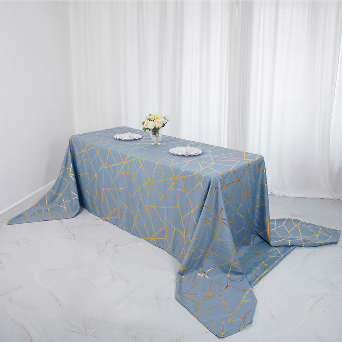 90inch x 156inch Dusty Blue Rectangle Polyester Tablecloth With Gold Foil Geometric Pattern