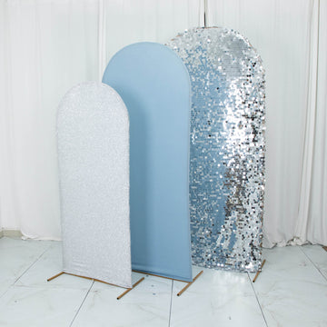 Set of 3 | Dusty Blue / Silver Round Top Fit Wedding Arch Frame Covers, Big Payette Sequin, Shimmer Tinsel and Matte Spandex Backdrop Stand Covers