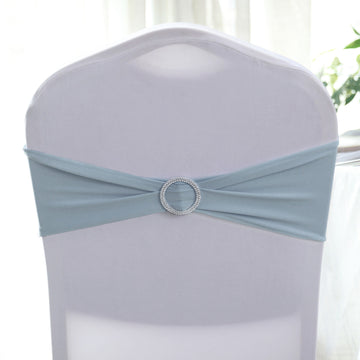 5 Pack | 5"x14" Dusty Blue Spandex Stretch Chair Sashes with Silver Diamond Ring Slide Buckle