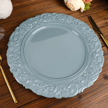 6 Pack 14" Dusty Blue Vintage Plastic Charger Plates With Engraved Baroque Rim, Round Disposable Serving Trays
