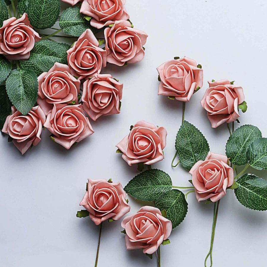 24 Roses | 2inch Dusty Rose Artificial Foam Flowers With Stem Wire and Leaves