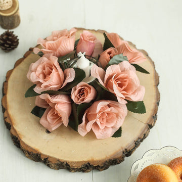 4 Pack | 3" Dusty Rose Artificial Silk Rose Flower Candle Ring Wreaths