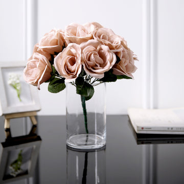 12" Dusty Rose Artificial Velvet-Like Fabric Rose Flower Bouquet Bush