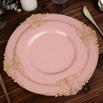 10 Pack 8" Dusty Rose Plastic Salad Plates With Gold Leaf Embossed Baroque Rim, Round Disposable Appetizer Dessert Plates