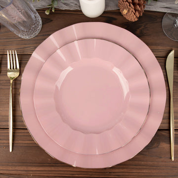 10 Pack | 9" Dusty Rose Heavy Duty Disposable Dinner Plates with Gold Ruffled Rim, Hard Plastic Dinnerware