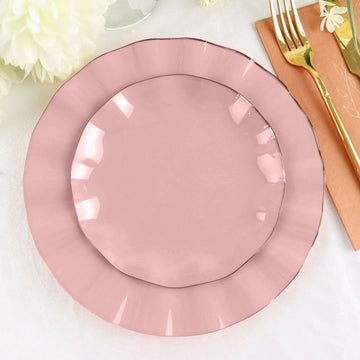 10 Pack | 6" Dusty Rose Heavy Duty Disposable Salad Plates with Gold Ruffled Rim, Heavy Duty Disposable Appetizer Dessert Dinnerware
