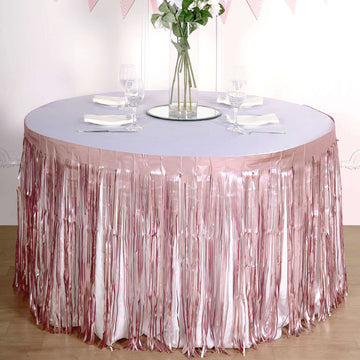 30"x9ft Dusty Rose Metallic Foil Fringe Table Skirt, Self Adhesive Tinsel Table Skirt