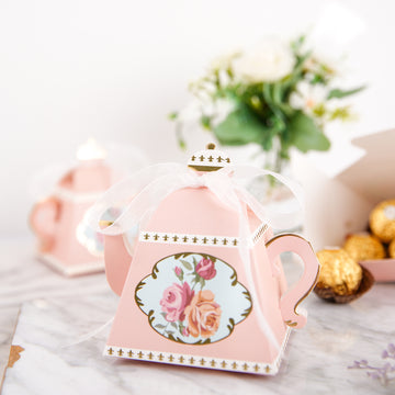 25 Pack | 4" Dusty Rose Mini Teapot Favor Boxes, Tea Time Gift Box with Ribbon