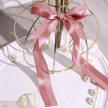 50 Pcs | 10" Dusty Rose Pre Tied Ribbon Bows, Satin Ribbon With Gold Foil Lining For Gift Basket and Party Favors Decor
